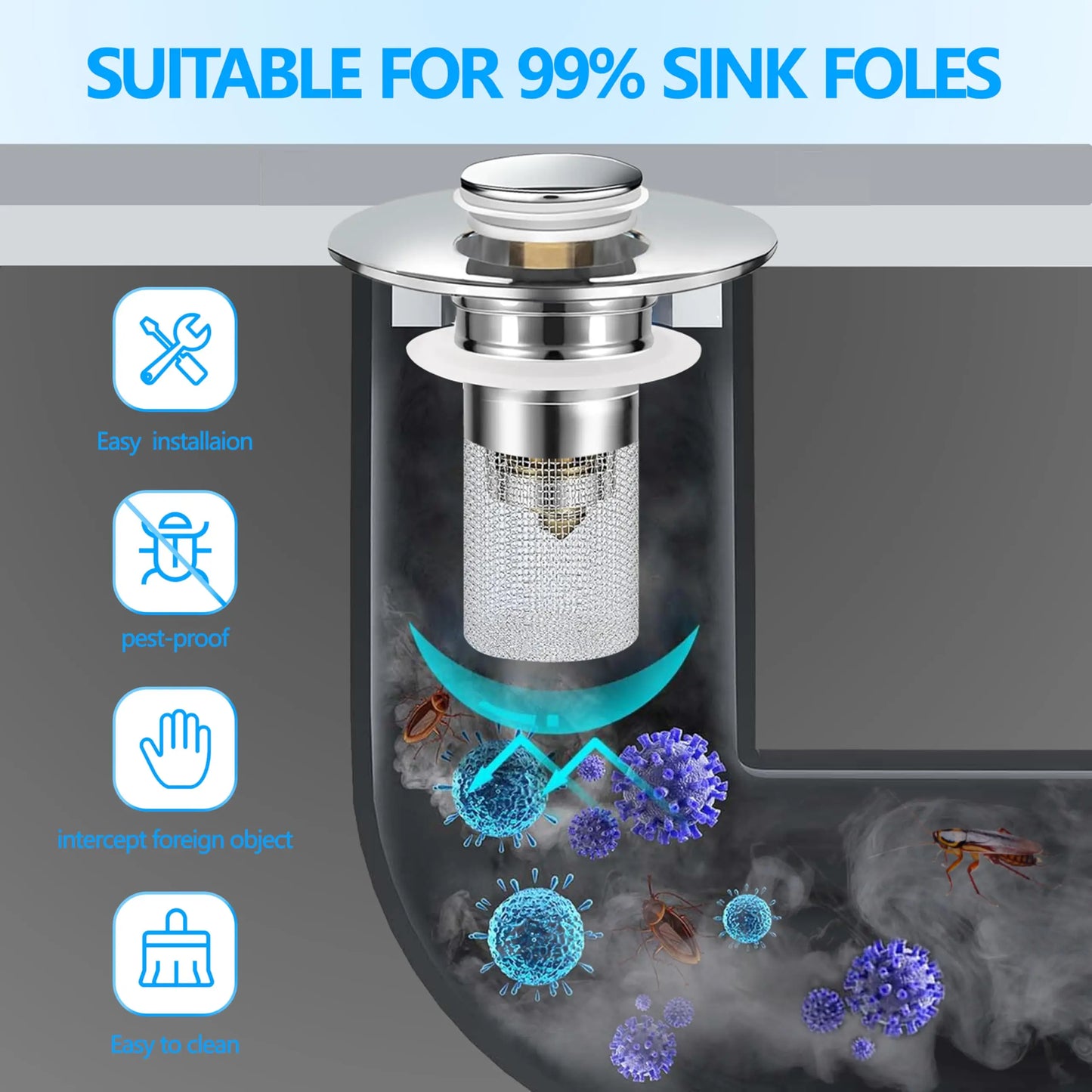 Bathroom Sink Drain Strainer - Pop-Up Filter with Removable Stainless Steel Hair Catcher & Drain Stopper for US Sink Replacement