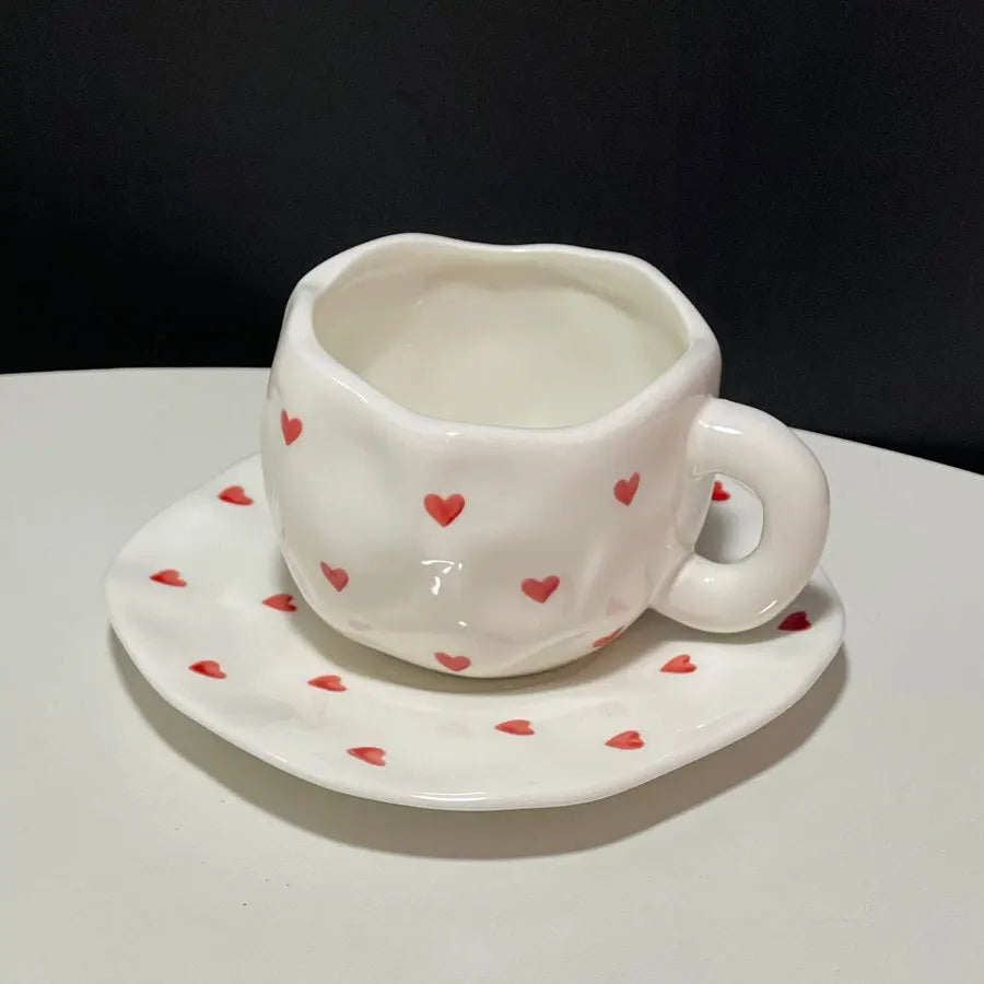 Cute Hand Pinch Irregular Painted Small Red Love Coffee Cup Plate Underglaze Ceramic Afternoon Tea Cup Plate Set