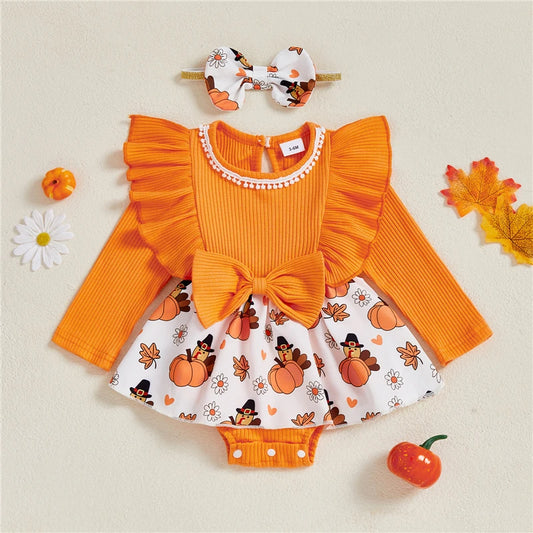 Toddler Infant Baby Girls 2Pcs Thanksgiving Outfits Long Sleeve Turkey Print Skirt Romper with Headband Set Newborn Clothes