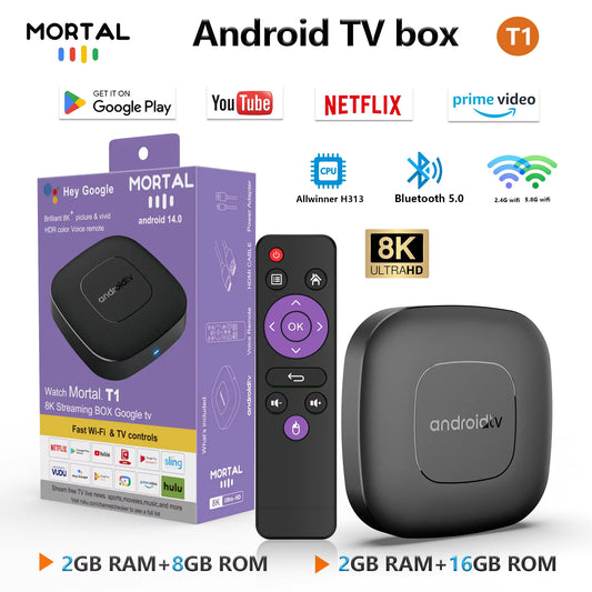 Android TV Box Mortal T1 Global Version Wifi6 Voice Control Android14 4K Video AllwinnerH313 Netflix Fire TV stick 2G8G16G