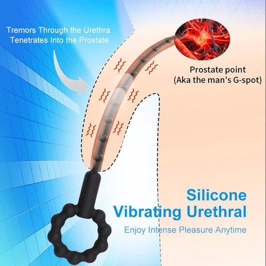 Silicone Vibrating Urethral Sound for Intense Stimulation, Electric Prostate Massager Toy, Soft & Flexible Beaded Design