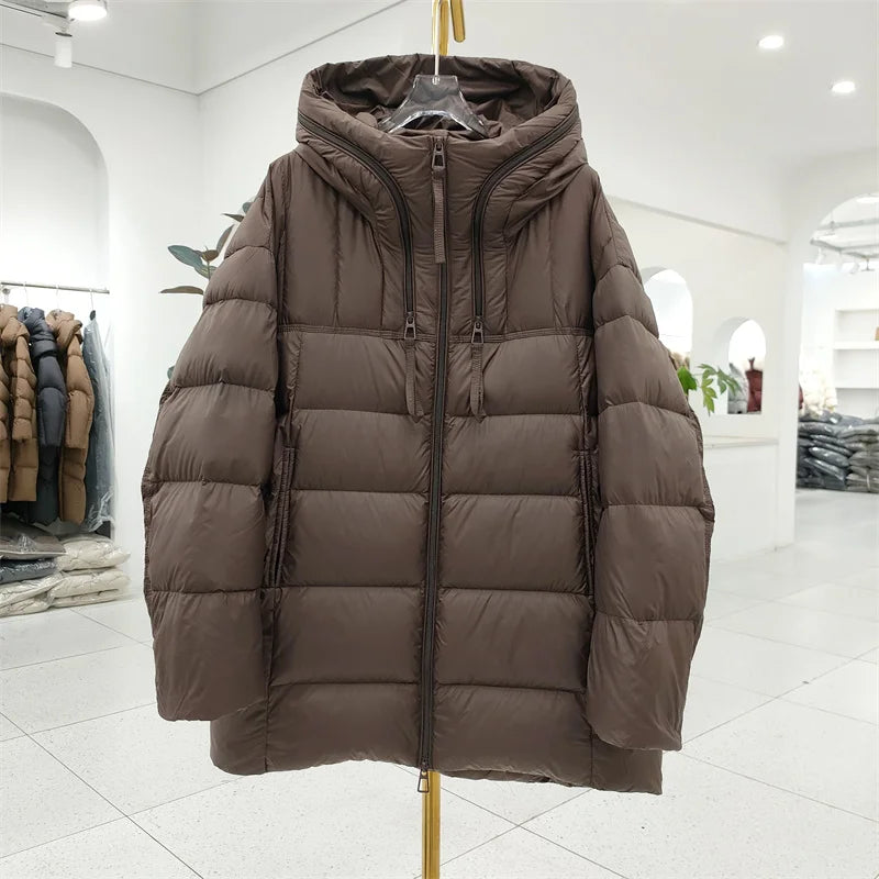 Winter Hooded Warm Mid Length Down Jacket Female Double Zipper Solid Parker Outwears Women 90% White Duck Down Loose Down Jacket