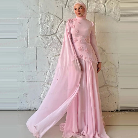 Elegant Pink Evening Dresses Woman's Mermaid Prom Gowns Flowers Shawl Long Sleeve Party Fashion Customized Vestidos De Novia