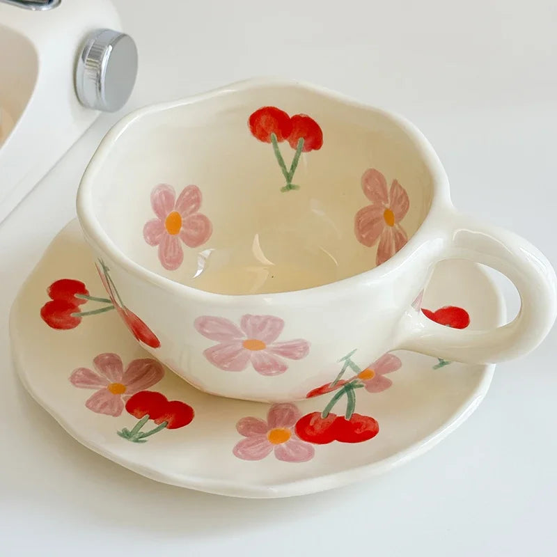 1Pcs Creative Ceramic Hand-painted Coffee Cups and Saucers Cute Home Breakfast Cups Dessert Dish Afternoon Tea Cup Drinkware