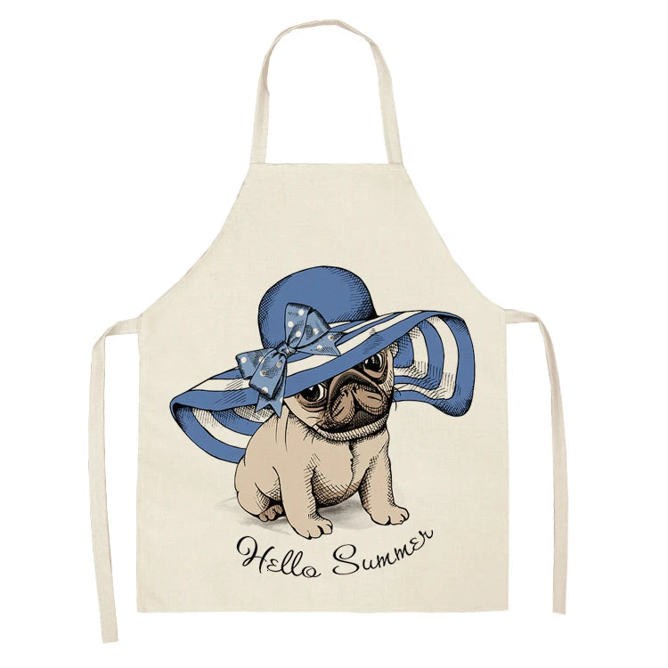 Cute Dog Pug Pattern Cotton Linen Sleeveless Chef Apron Kitchen Aprons Women Home Cooking Baking Waist Bib Pinafore 55x68cm