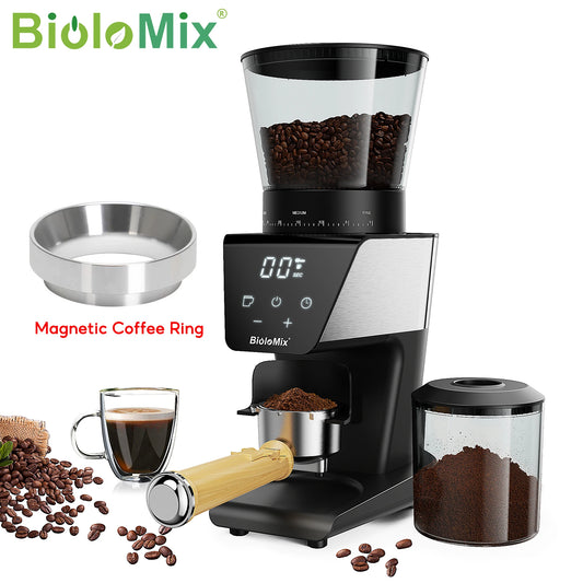 BioloMix Automatic Burr Mill Electric Coffee Grinder, featuring 30 gears for grinding espresso and American coffee, With Magneti