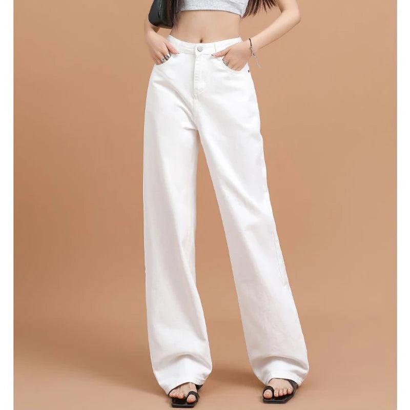 Lady Classic Designer High Waist Jeans Female Korean White Straight Leg Denim Trousers Women Comfortable Baggy Long Pants