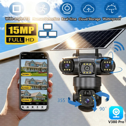 15MP 8K 3 Lens solar security cameras wifi outdoor Waterproof PIR Night Vision Two-Way Audio Mobile Tracking Security IP Cameras