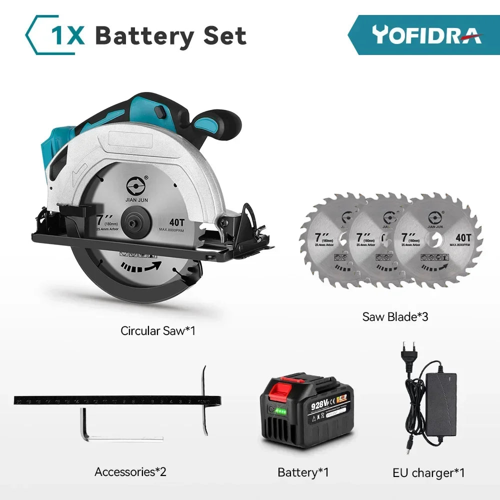 YOFIDRA 7Inch Brushless Electric Circular Saw 180mmCordless Adjustable Angle Cutting Power Tool Fit For Makita 18V Battery Pin