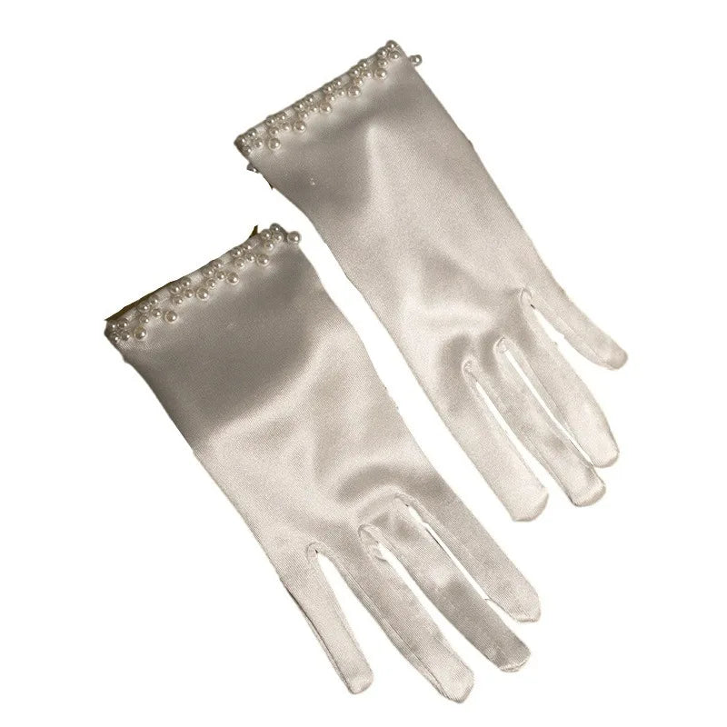 Short Satin Bridal Gloves Pearls Wrist Gant Mariage Femme Novia Bride Wedding Gloves Beaded Pearls Accessoires Mariage 2025