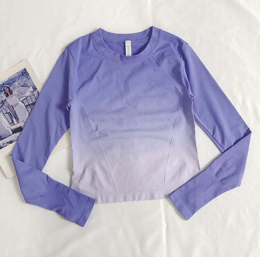 Gradient Fashionable Slimming Sports T-Shirt Fitness Top for Women Tight Quick-Dry Long-Sleeve Shirt Yoga Wear Training Body-Sha