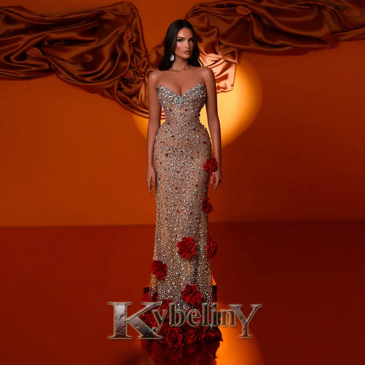 Kybeliny Bling Rhinestones Evening Dresses for Women 3D Flowers Mermaid V-Neck Vestido De Fiesta Prom Dress Customized Plus