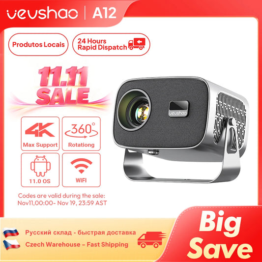 VEVSHAO A12 Projector Mini Portable LED Video Android 13.0 WIFI 6 Mirror SmartPhone for 1080P 4K Video Home Cinema Projector
