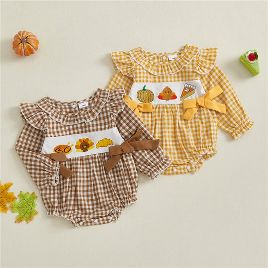 Autumn Baby Girl Thanksgiving Romper Bows Pumpkin Turkey Embroideried Plaid Ruffled Trim Crew Neck Long Sleeve Jumpsuit