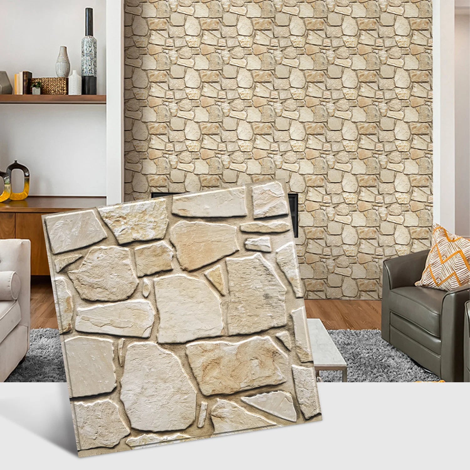 3D Tile Stickers, 3D Faux Stone Textures, Matte, 30cm x 30cm, Water and Mold Resistant, for Living Room, Kitchen Wall Update