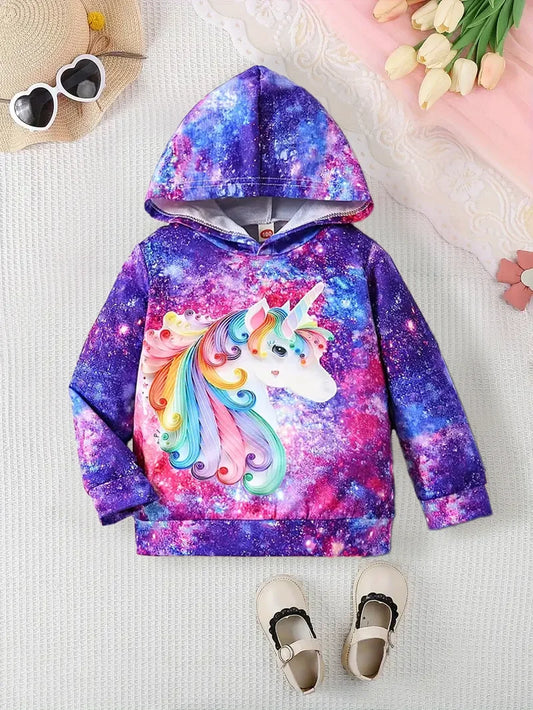 Autumn Casual And Fashionable Girls' 3d Starry Unicorn Printed Hooded Sweatshirt
