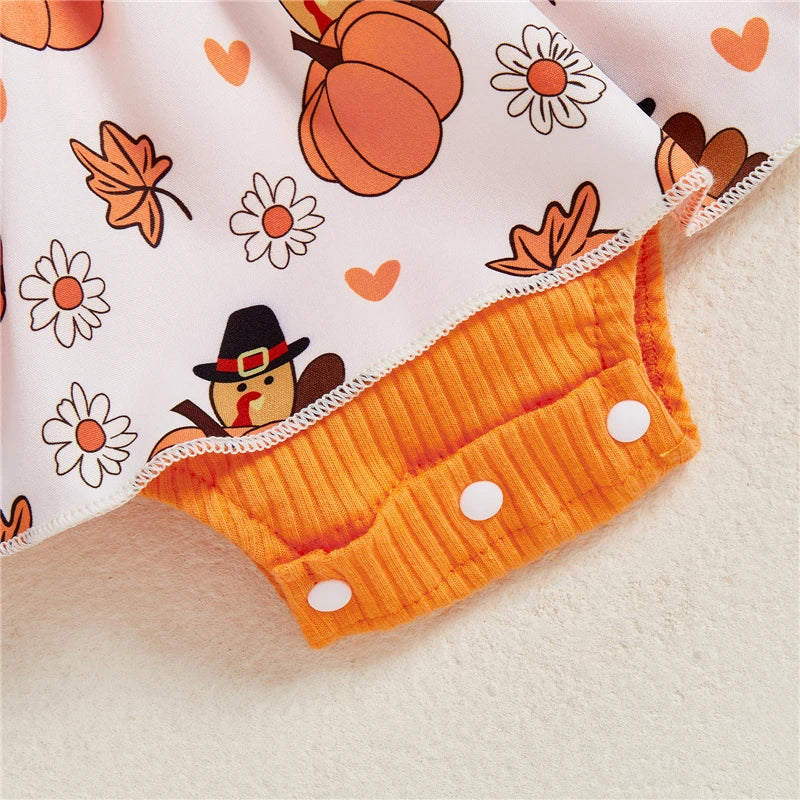 Toddler Infant Baby Girls 2Pcs Thanksgiving Outfits Long Sleeve Turkey Print Skirt Romper with Headband Set Newborn Clothes
