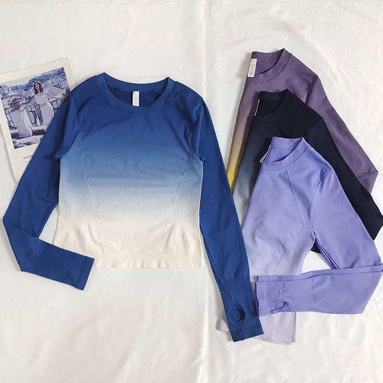 Gradient Fashionable Slimming Sports T-Shirt Fitness Top for Women Tight Quick-Dry Long-Sleeve Shirt Yoga Wear Training Body-Sha
