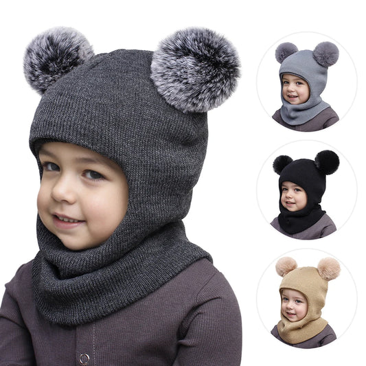 Kids Yarn Knit Balaclava Cap Autumn Winter Pullover Ear Protection Double Ball One-piece Baby Christmas Gift Hat