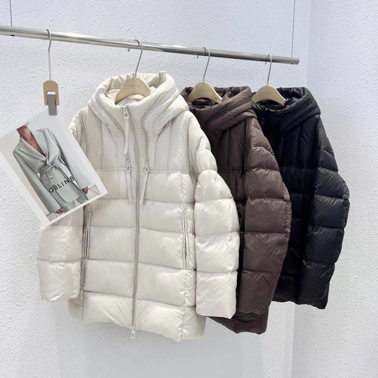 Winter Hooded Warm Mid Length Down Jacket Female Double Zipper Solid Parker Outwears Women 90% White Duck Down Loose Down Jacket