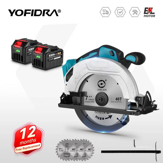 YOFIDRA 7Inch Brushless Electric Circular Saw 180mmCordless Adjustable Angle Cutting Power Tool Fit For Makita 18V Battery Pin