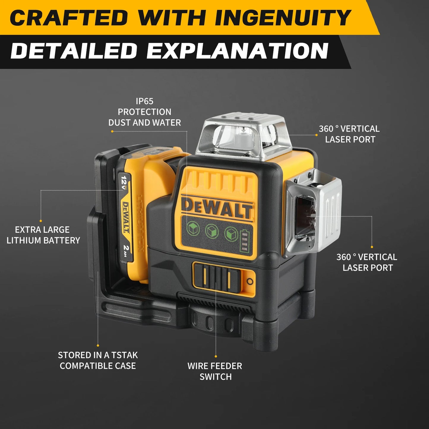2025 New DEWALT DW089LG Laser Level - 12V Lithium Battery, 360° Horizontal & Vertical Green Lines, 3 Sides Coverage