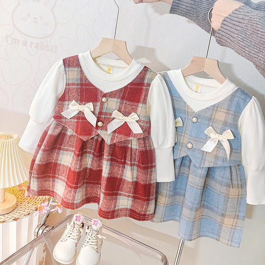 Baby Clothes Girl Spring And Autumn Bow And Plaid Fake Two Pieces Long-Sleeved Baby Dresses Cute Casual Girl Kid's Dress