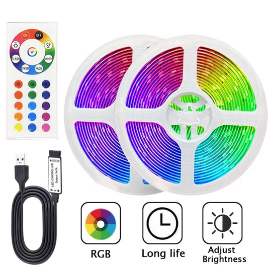 RGB LED strip with remote control, dimmable decorative lighting suitable for bedrooms, ceilings, and party atmospheres