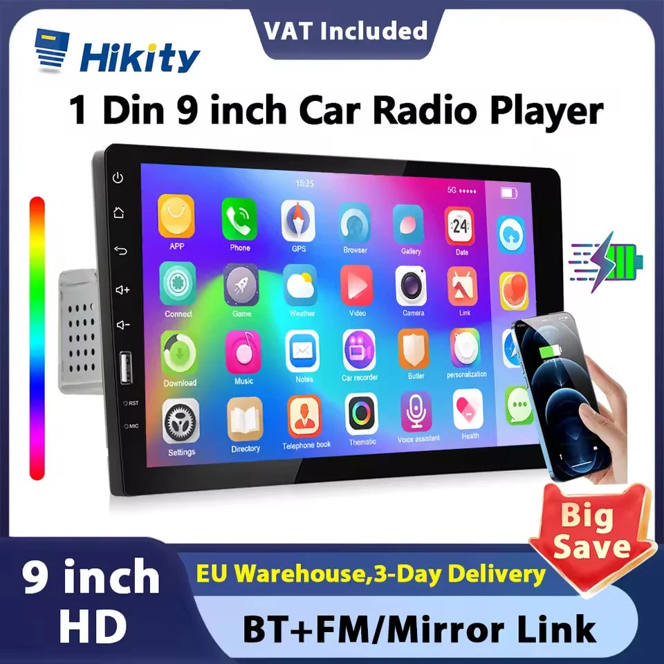 Hikity 9" Touch Screen Universal 1 din Car MP5 Player Bluetooth FM Radio Receiver Autoradio Support Rear View Camera TF/USB