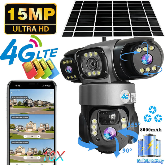 V380 Pro 3 Lens IP Solar Camera HD 15 MP Outdoor Waterproof CCTV Night Vision Two-Way Audio Camera Mobile Tracking 4G IP Camera