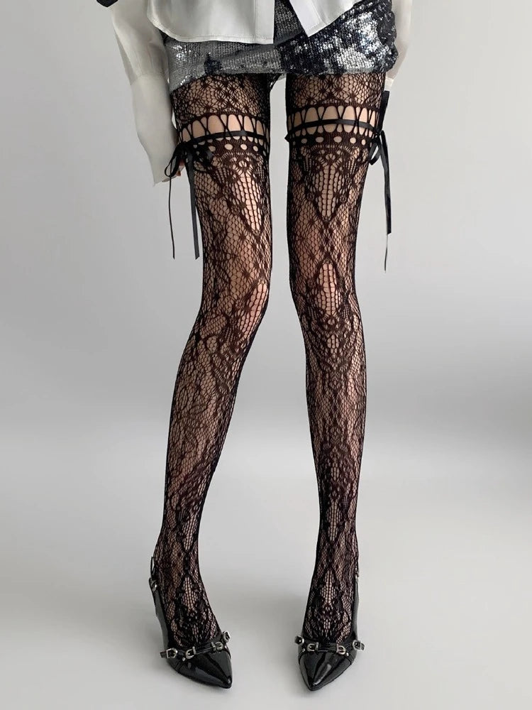 New Design Beige Tights Women Sexy See Through Mesh Sheer Fishnet Stockings JK Uniform Bow Tie Strap Lace Bottoming Pantyhose