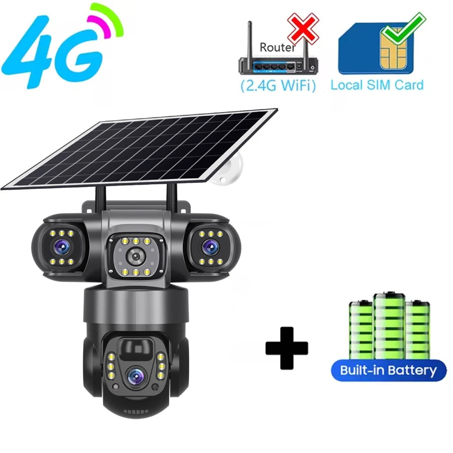 V380 Pro 3 Lens IP Solar Camera HD 15 MP Outdoor Waterproof CCTV Night Vision Two-Way Audio Camera Mobile Tracking 4G IP Camera