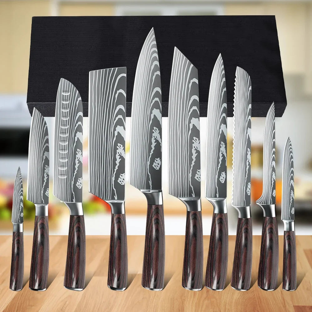 MDHAND Kitchen Knife Set 3-10PCS Professional Chef Knife 7CR17 Germany Stainless Steel Damascus Laser Cleaver Slicing Santoku