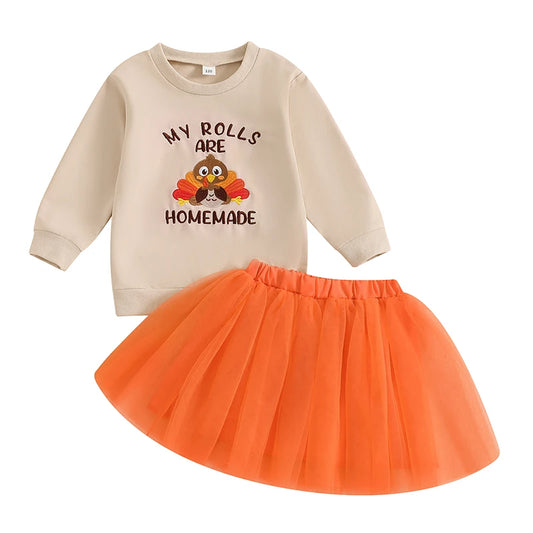 Kids Baby Girl Thanksgiving Outfits Letter Embroidery Long Sleeve Sweatshirt and Orange Tulle Skirt 2 Pcs Party Sets 1-7Years