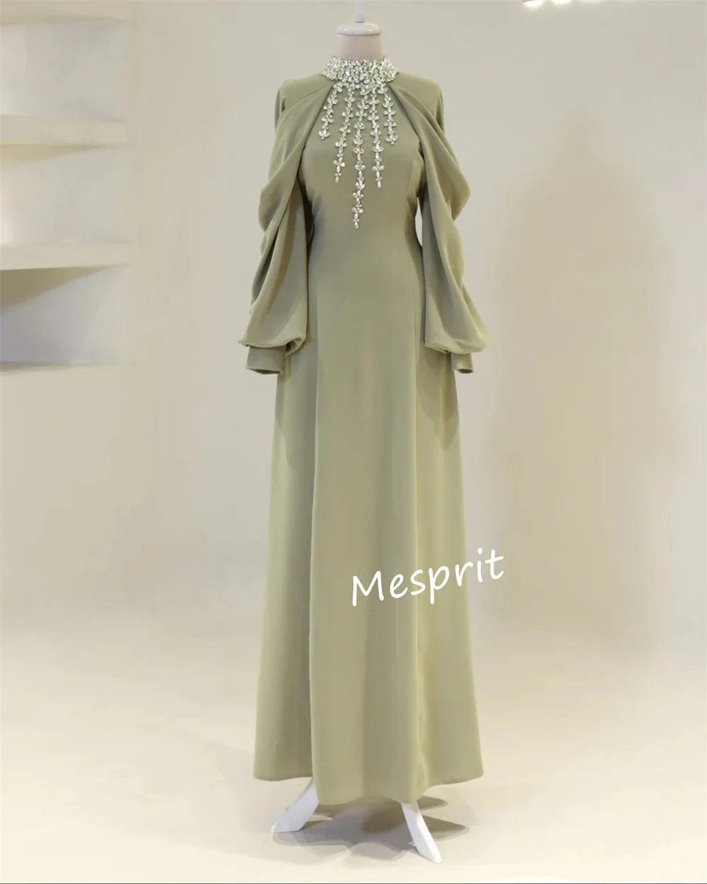 Matching Jersey Pleat Sequined A-line High Collar Long Dresses Bespoke Occasion Intricate Formal