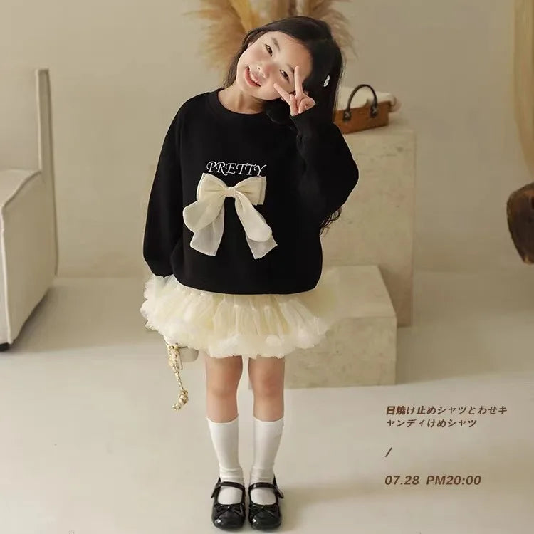 Girls' Bow Long Sleeve Round Neck T-Shirt - Sweet Casual Fall Winter Top for Toddler Kids Autumn Fashion