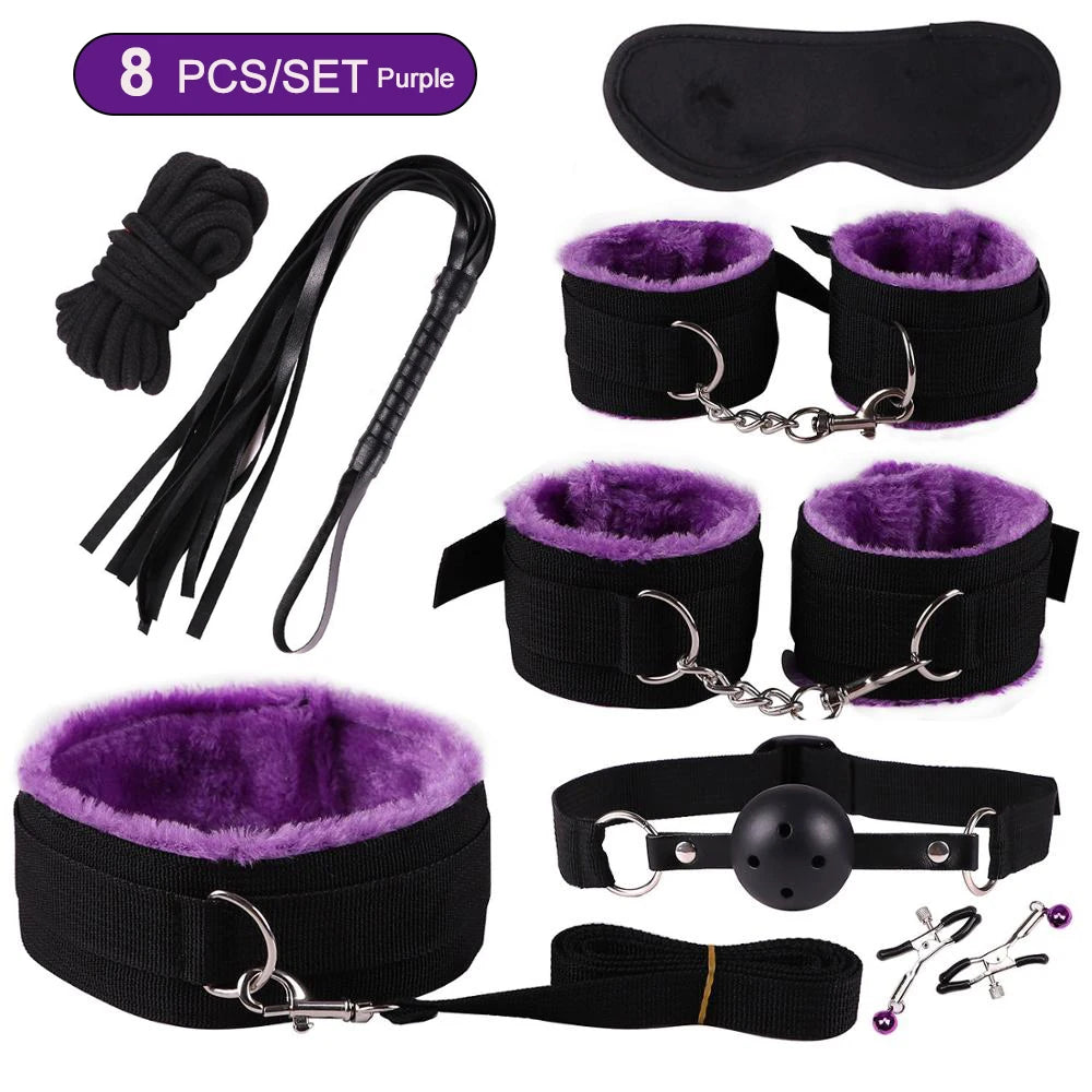 Exotic Bed Bondage Set BDSM Kits Exotic Sex Toys For Adults Games Leather Handcuffs Whip Gag Nipple Clamps Women Sex Products