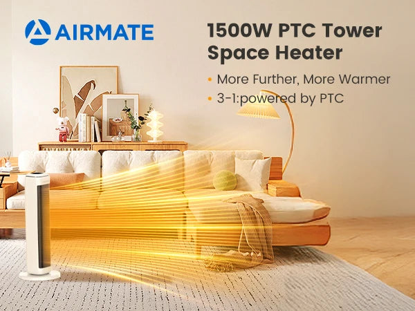 AIRMATE 25" Space Heater for Indoor Use Large Room, Ceramic Tower Electric Heater with Thermostat