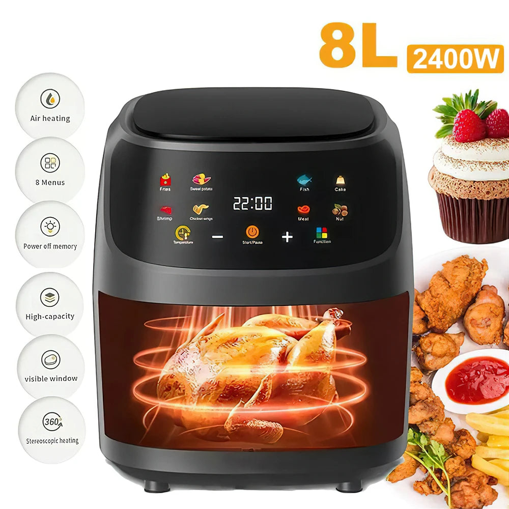 1400W 8L Air Fryer Without Oil Household Programmable Smart LED Touch AirFryer Thermal Cycle Oven Cooker French Fries Chicken