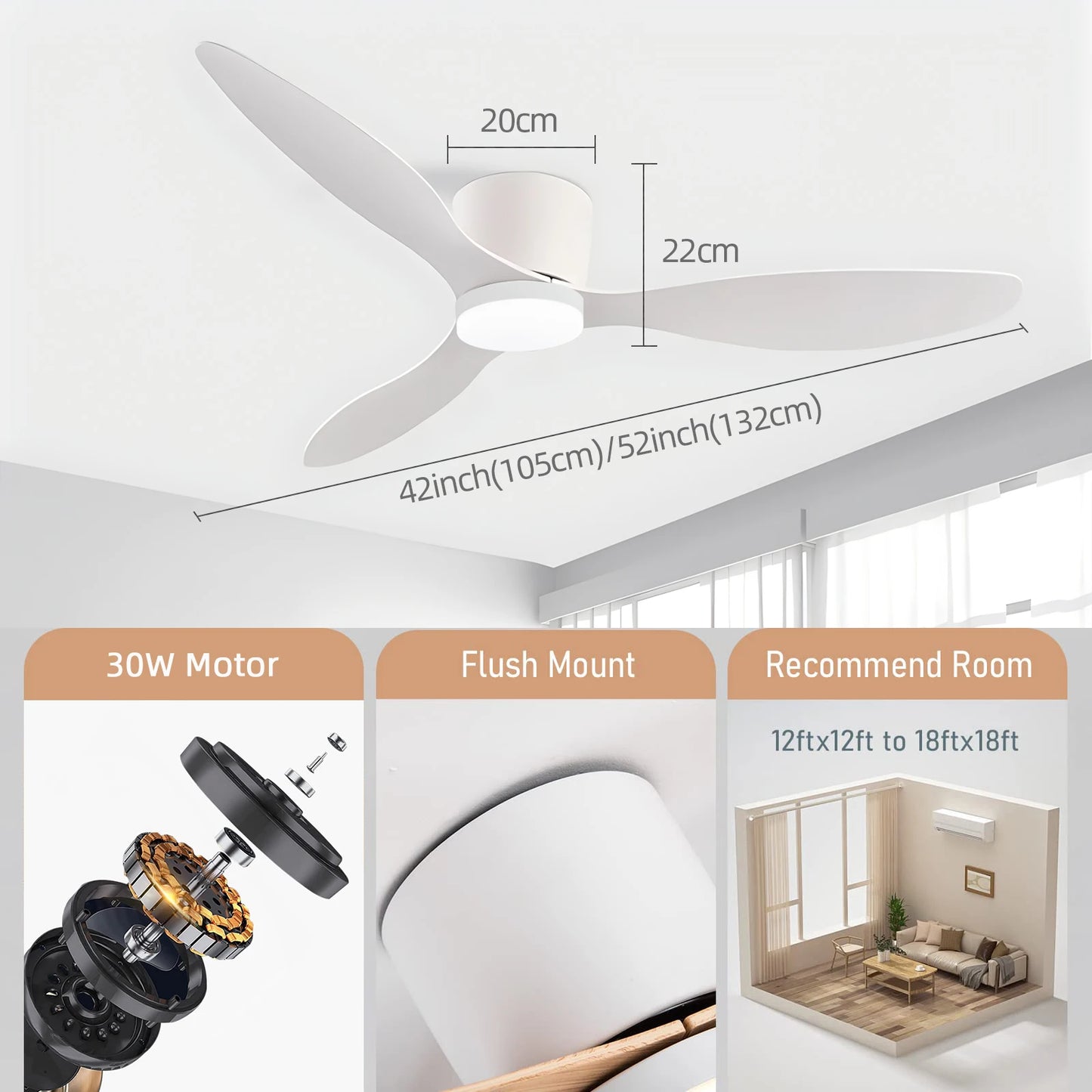 52 Inch Modern DC Ceiling Fan with Light And Remote Control for Living Room Dining Room Bedroom Powerful Airflow Electric fans