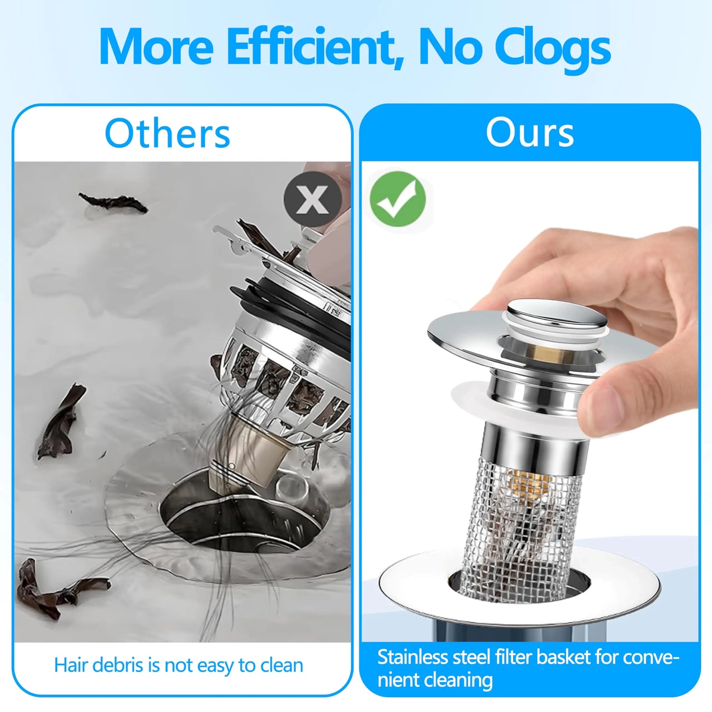 Bathroom Sink Drain Strainer - Pop-Up Filter with Removable Stainless Steel Hair Catcher & Drain Stopper for US Sink Replacement