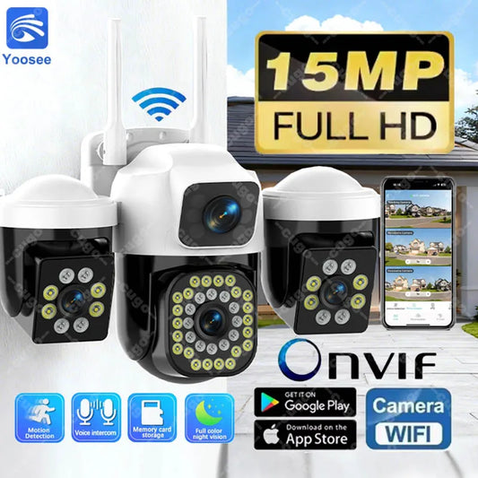 15MP 8K WiFi IP Camera 3 Lens 3 Screens Surveillance PTZ Camera IP Outdoor Waterproof  Auto Tracking  Security CCTV Cam YOOSEE
