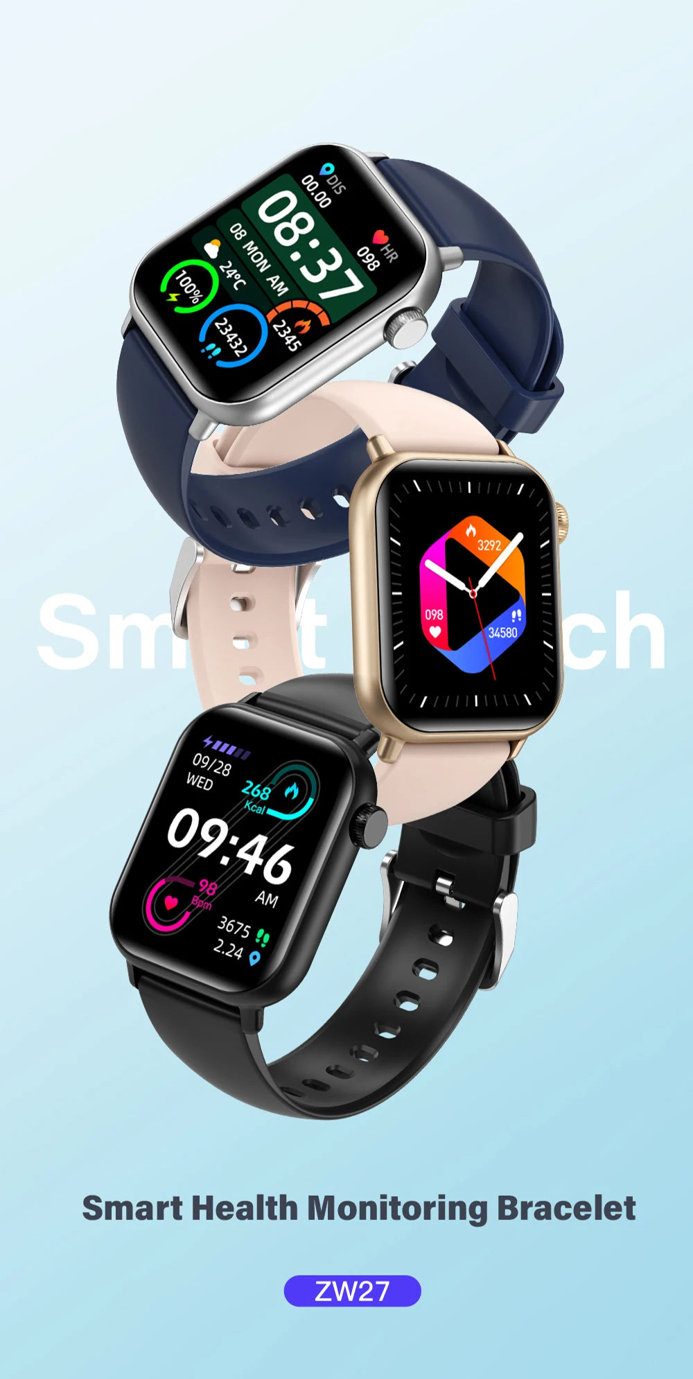 ZW27 New Smart Watch for Men Women for Bluetooth Call Fitness Bracelet Temperature Monitoring Sleep Tracker Calendar Display TFT