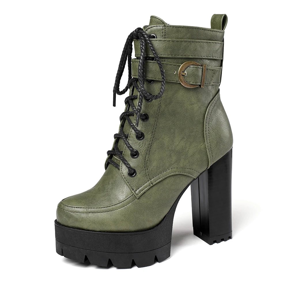 Black Platform Combat Ankle Boots For Women Round Toe Buckle Strap Woman Lace Up Shoes Winter Biker Boot Motorcycle Bottes 41 42