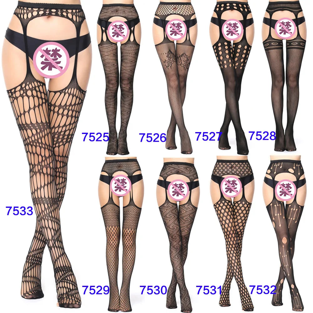 27 Style Women Fishnet Stockings Lingerie Black Jacquard Lace Belt Mesh Elastic Thigh High Stockings Female Spider Web Pantyhose