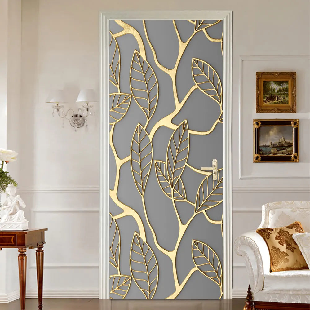Simulation Of Gilt Leaves DIY Door Stickers Home Decoration Wall Sticker Kitchen Art Mural Peel & Stick Waterpoof PVC Wallpaper