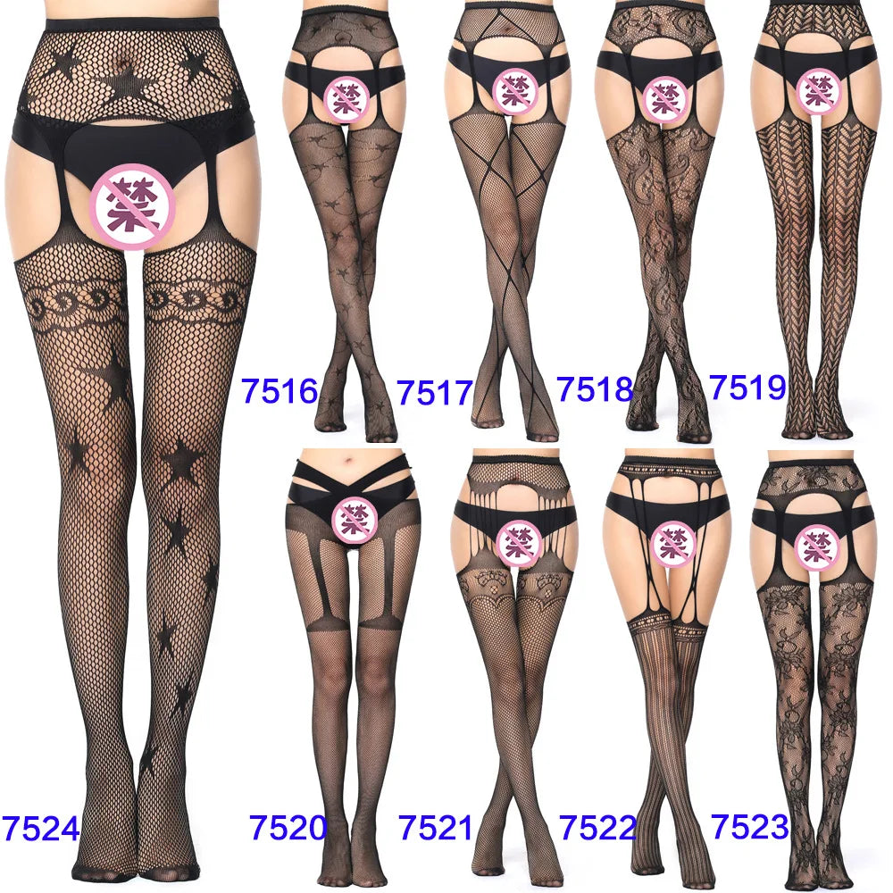 27 Style Women Fishnet Stockings Lingerie Black Jacquard Lace Belt Mesh Elastic Thigh High Stockings Female Spider Web Pantyhose