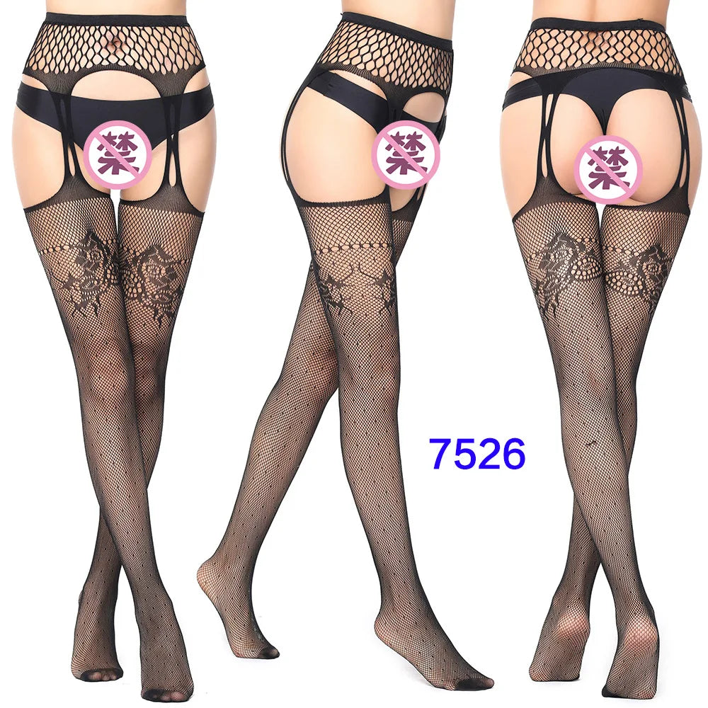 27 Style Women Fishnet Stockings Lingerie Black Jacquard Lace Belt Mesh Elastic Thigh High Stockings Female Spider Web Pantyhose