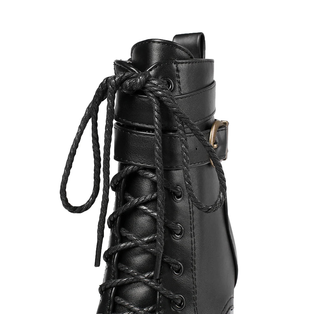 Black Platform Combat Ankle Boots For Women Round Toe Buckle Strap Woman Lace Up Shoes Winter Biker Boot Motorcycle Bottes 41 42