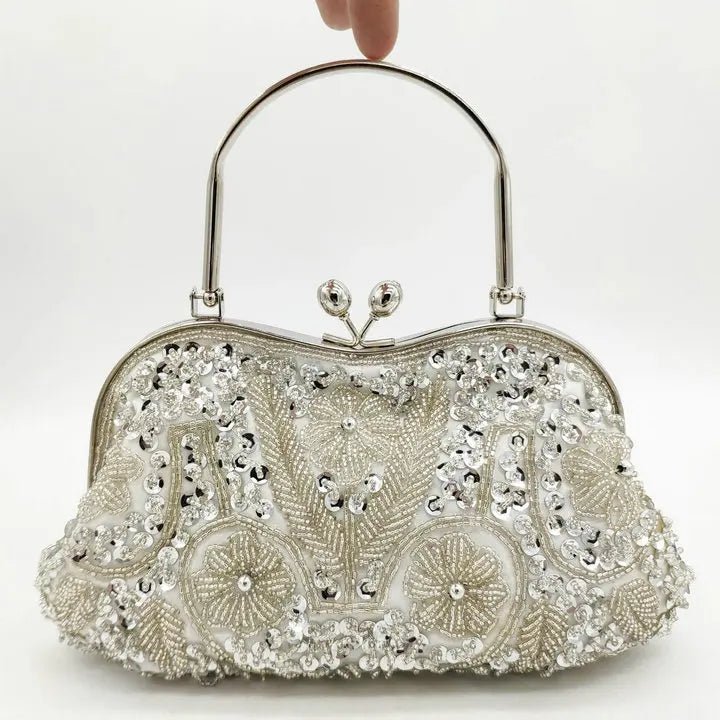 Boutique De FGG Elegant Frame Women Formal Beaded Evening Purses and Handbags Bridal Sequins Clutch Bag Cocktail Party Bag